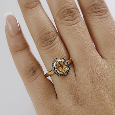 D'Joy Premium Calabar Imperial Tourmaline, Natural Champagne Diamond and White Diamond 1.60 ctw Midnight Glow Ring in 18K Vermeil Yellow Gold Over Sterling Silver (Size 10.0)