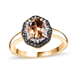 Premium Calabar Imperial Tourmaline, Natural Champagne Diamond and White Diamond 1.60 ctw Midnight Glow Ring in 18K Vermeil Yellow Gold Over Sterling Silver (Size 9.0)