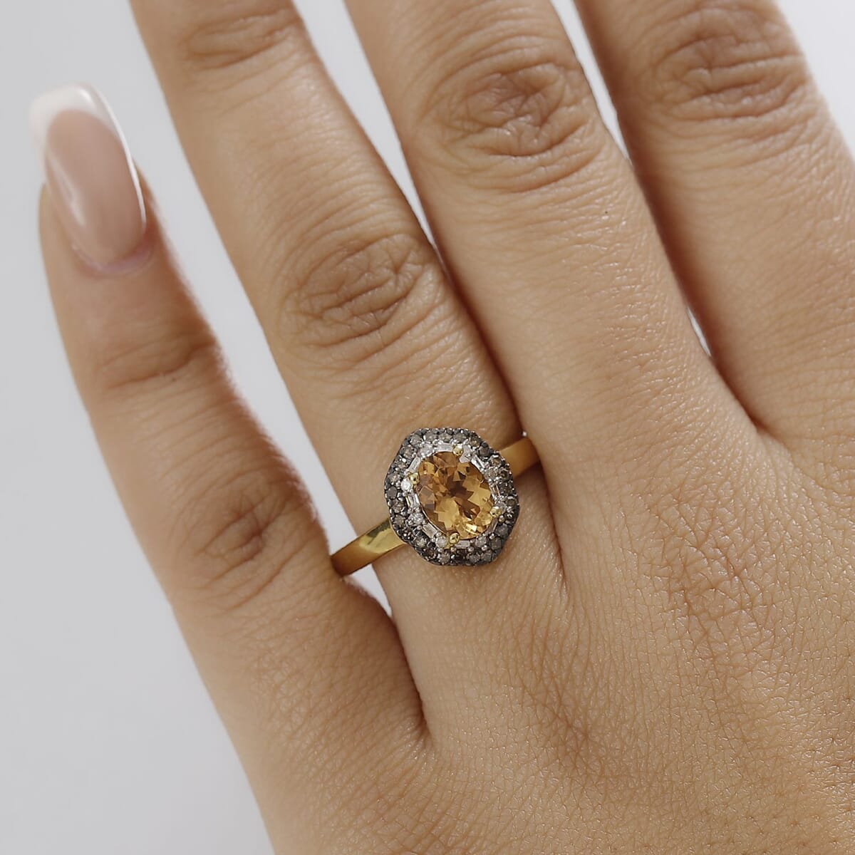Premium Calabar Imperial Tourmaline, Natural Champagne Diamond and White Diamond 1.60 ctw Midnight Glow Ring in 18K Vermeil Yellow Gold Over Sterling Silver (Size 9.0) image number 2