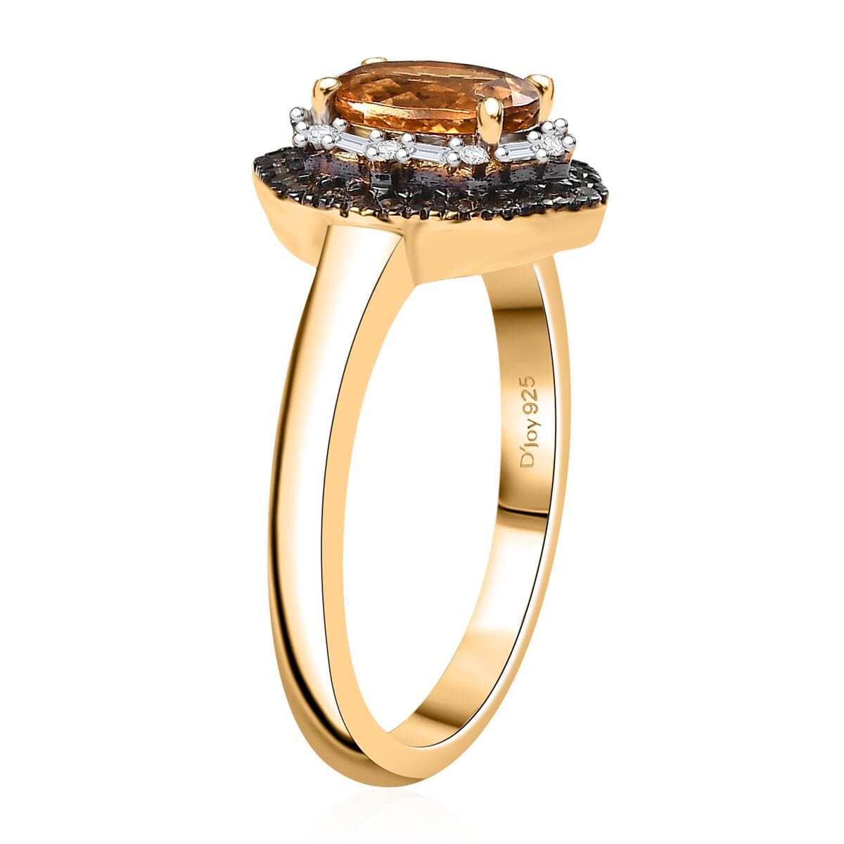 Premium Calabar Imperial Tourmaline, Natural Champagne Diamond and White Diamond 1.60 ctw Midnight Glow Ring in 18K Vermeil Yellow Gold Over Sterling Silver (Size 9.0) image number 3