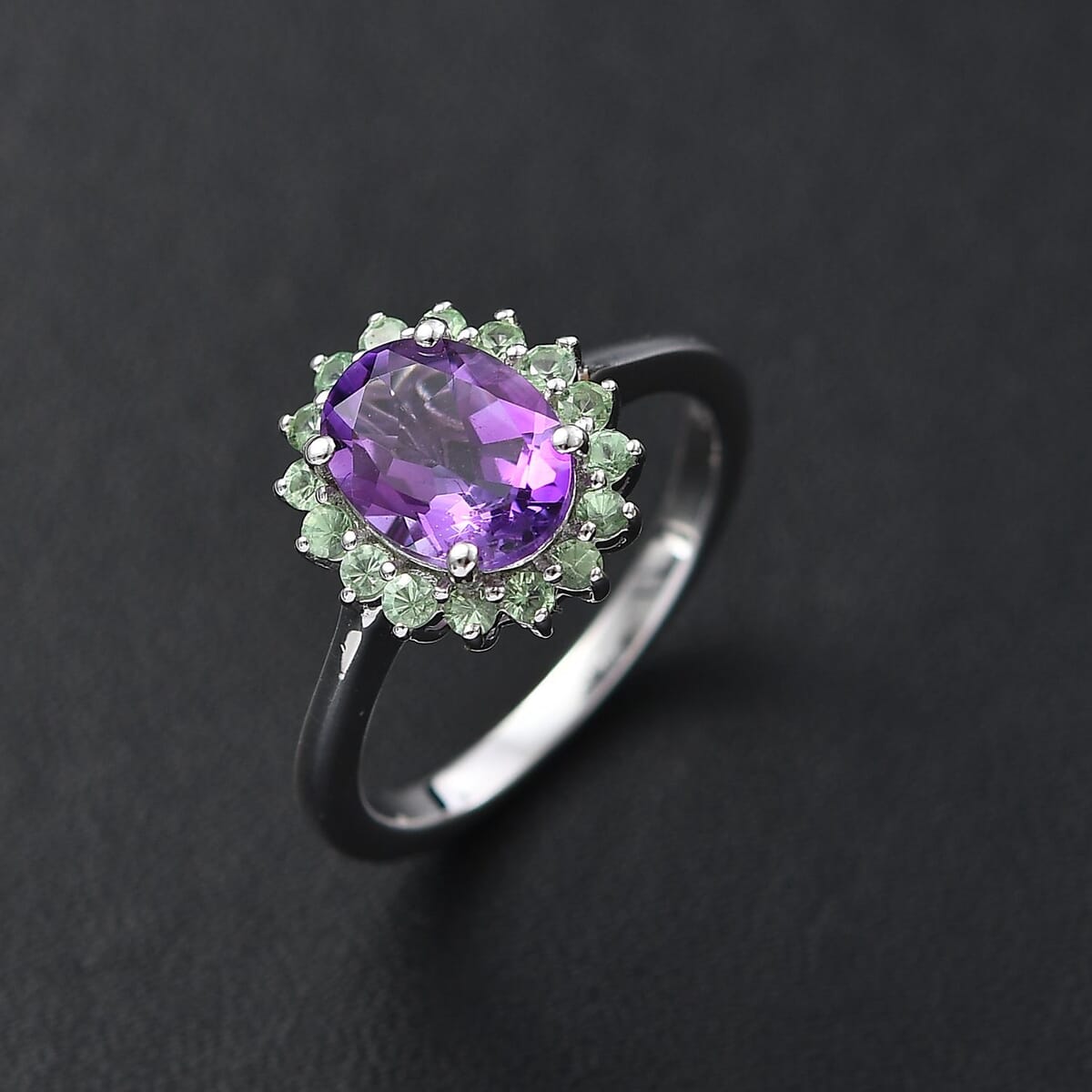 Premium Moroccan Amethyst and Tsavorite Garnet 2.20 ctw Ring in Rhodium Over Sterling Silver (Size 5.0) image number 1