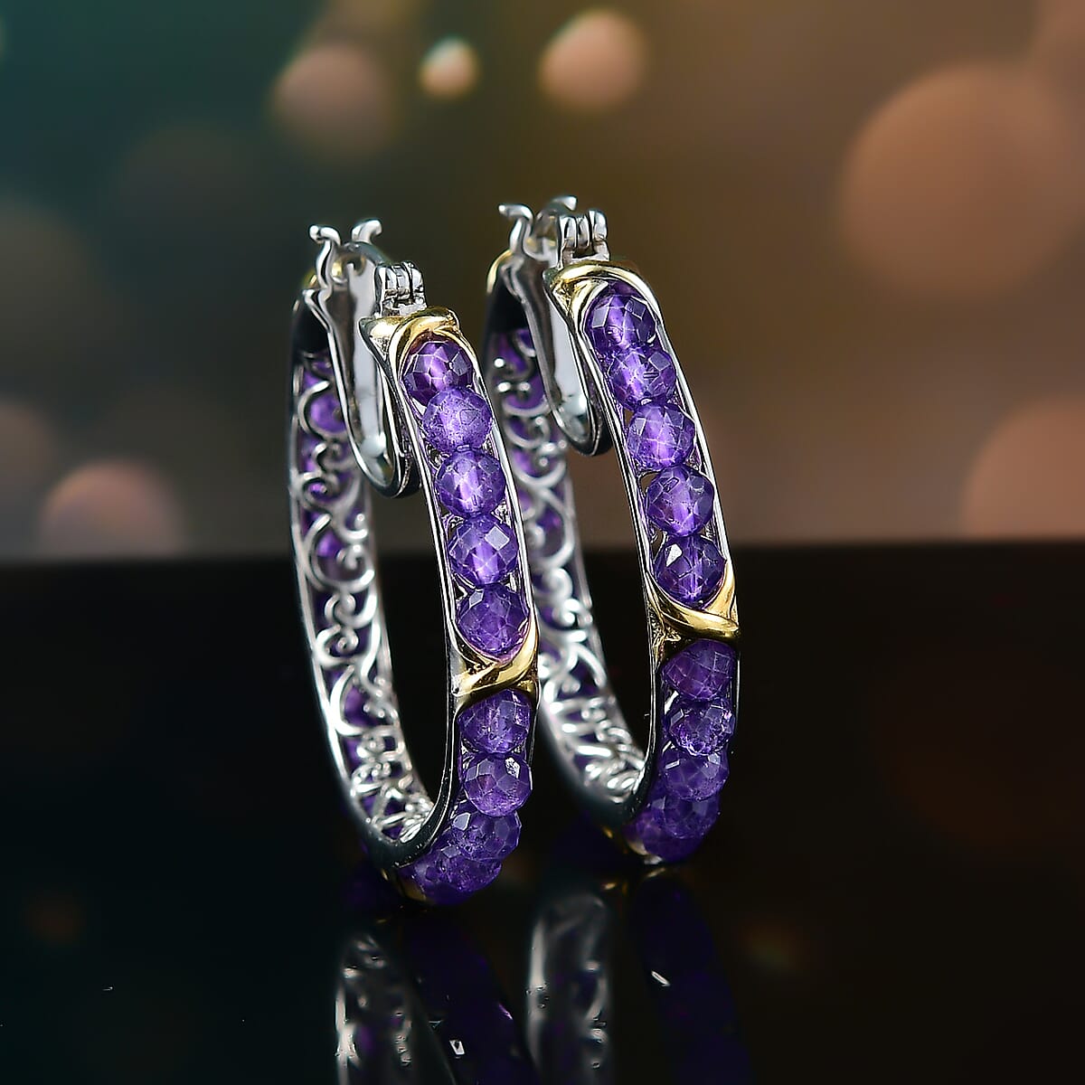Karis African Amethyst  Beads Earrings in 18K YG Plated and Platinum Bond 15.00 ctw image number 1