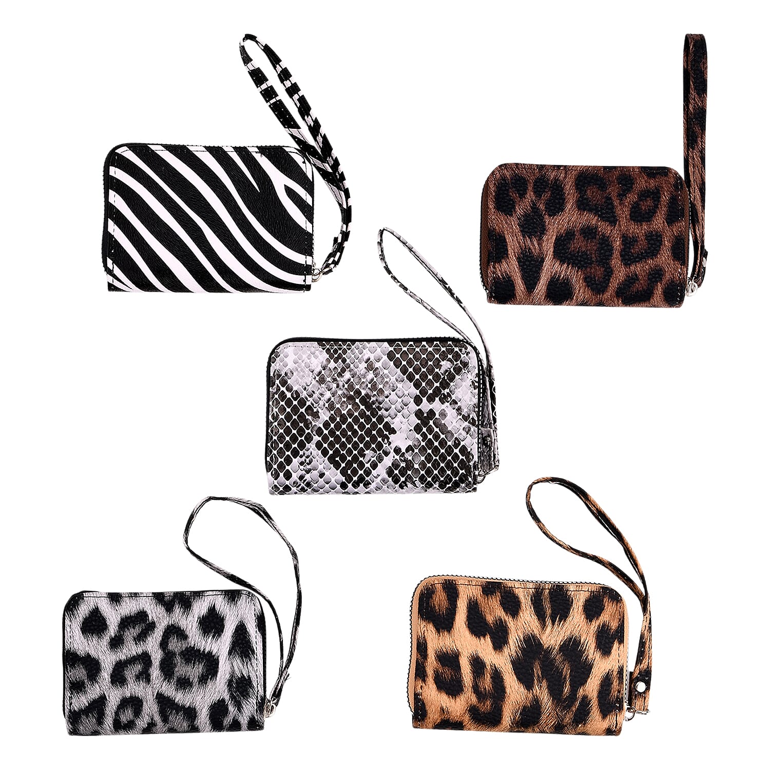 Black, White, Khaki, Coffee and Gold Faux Leather Set of 5 Card Holder with Wrist Strap