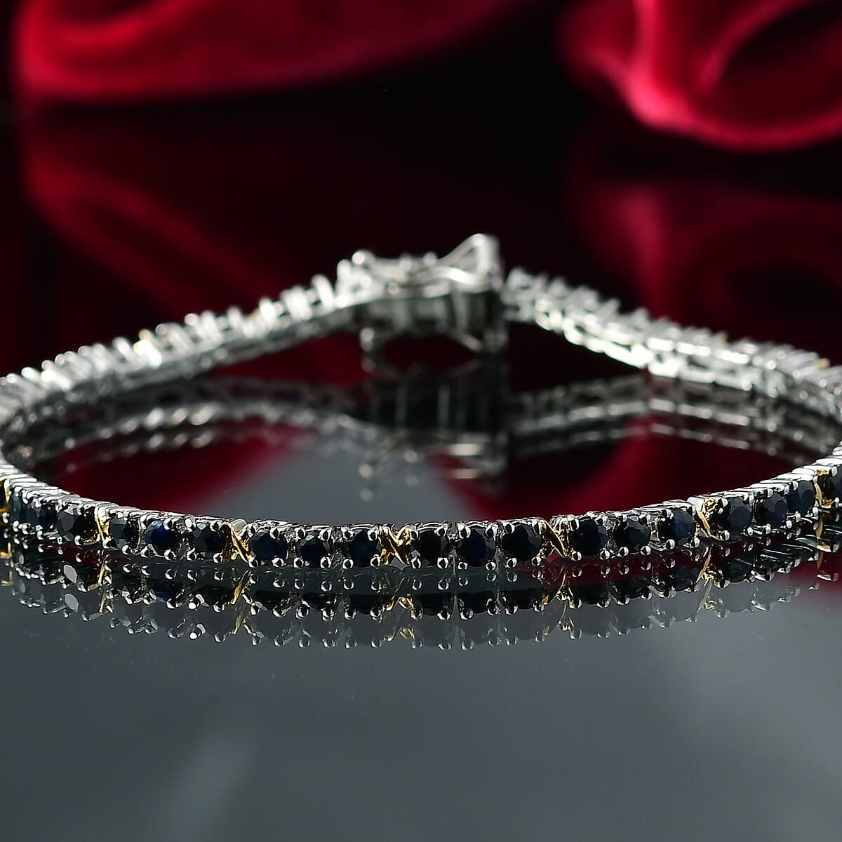 EverTrue Blue Sapphire 6.00 ctw XOXO Bracelet in 18K YG Plated and Platinum Bond (7.25 In) image number 1