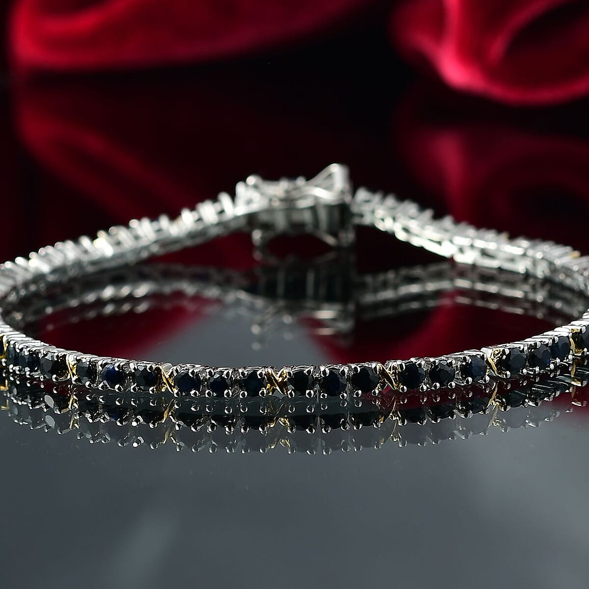 EverTrue Blue Sapphire 6.60 ctw XOXO Bracelet in 18K YG Plated and Platinum Bond (8.00 In) image number 1