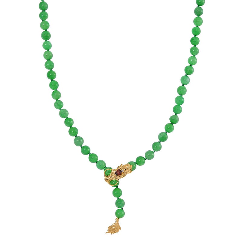 Green Jade (D) and Multi Gemstone 220.90 ctw Dragon Necklace in 18K Vermeil Yellow Gold Over Sterling Silver 18-20 Inches