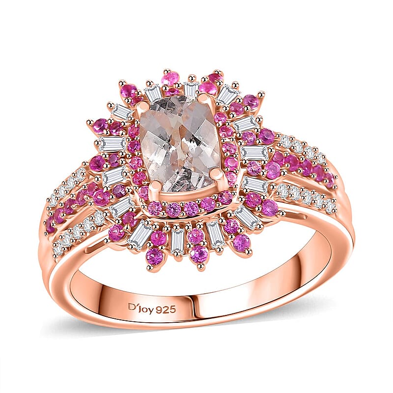 D'Joy Premium Marropino Morganite, Madagascar Pink Sapphire and Diamond 1.40 ctw Floral Ring in 18K Vermeil Rose Gold Over Sterling Silver (Size 10.0)