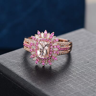 D'Joy Premium Marropino Morganite, Madagascar Pink Sapphire and Diamond 1.40 ctw Floral Ring in 18K Vermeil Rose Gold Over Sterling Silver (Size 10.0)