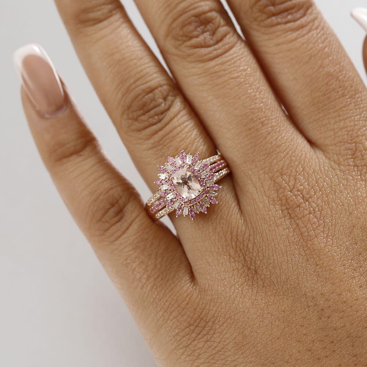 D'Joy Premium Marropino Morganite, Madagascar Pink Sapphire and Diamond 1.40 ctw Floral Ring in 18K Vermeil Rose Gold Over Sterling Silver (Size 10.0) image number 2
