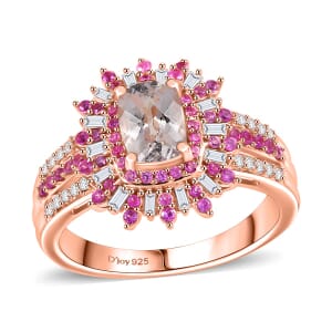D'Joy Premium Marropino Morganite, Madagascar Pink Sapphire and Diamond 1.40 ctw Floral Ring in 18K Vermeil Rose Gold Over Sterling Silver (Size 8.0)