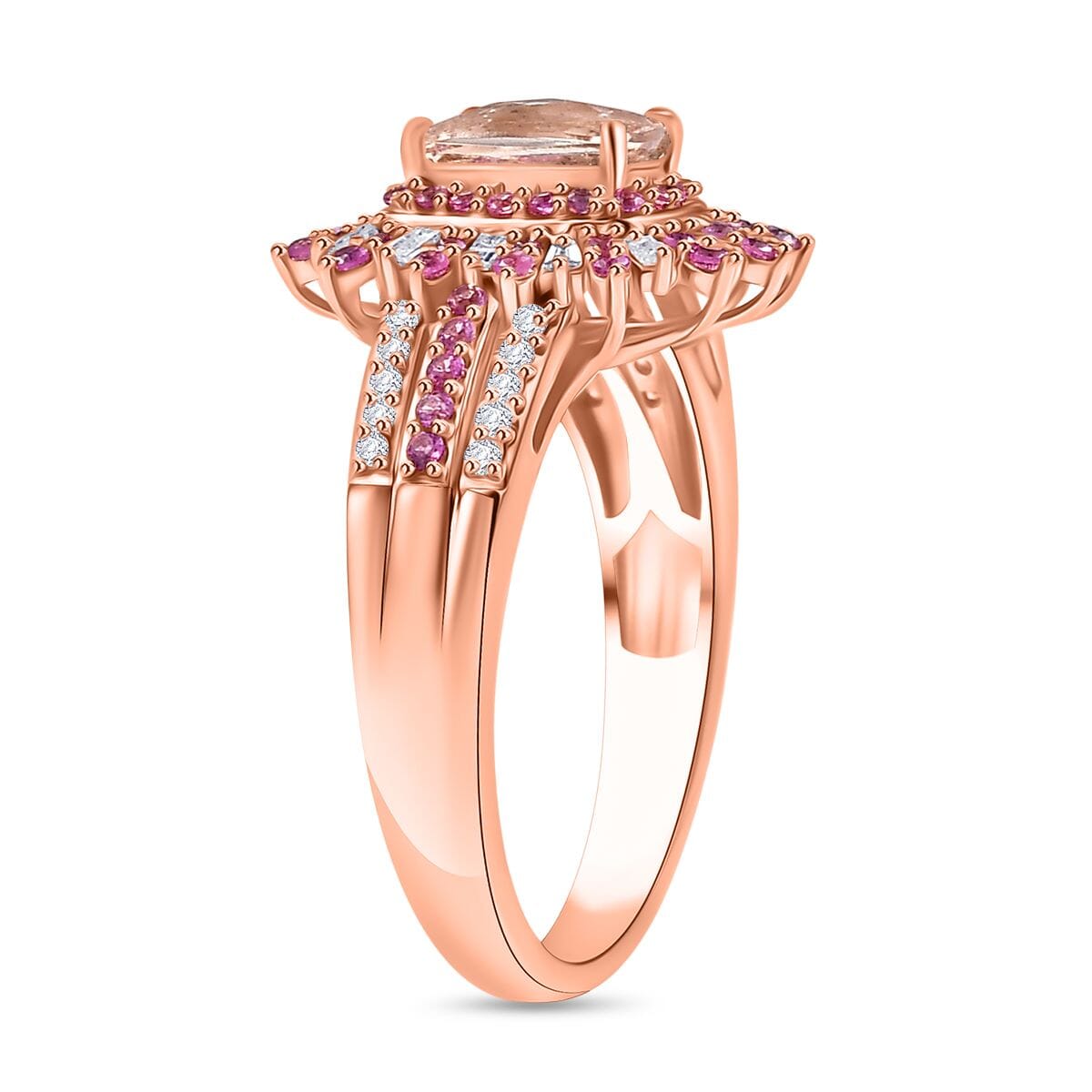 D'Joy Premium Marropino Morganite, Madagascar Pink Sapphire and Diamond 1.40 ctw Floral Ring in 18K Vermeil Rose Gold Over Sterling Silver (Size 9.0) image number 3