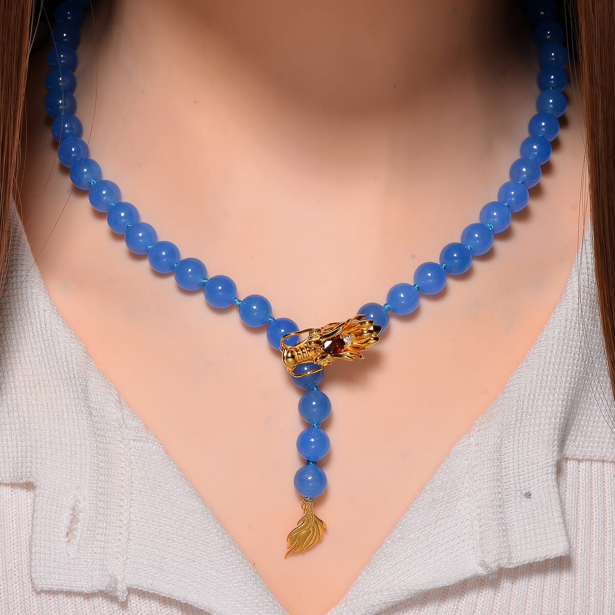 Blue Jade (D) and Multi Gemstone 233.00 ctw Dragon Necklace in 18K Vermeil Yellow Gold Over Sterling Silver 18-20 Inches image number 1