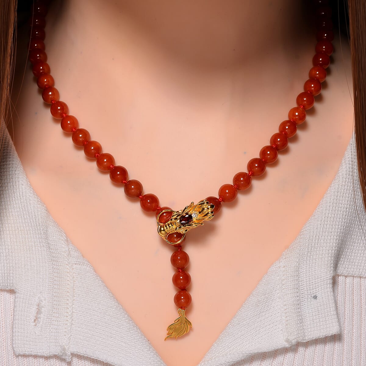 Red Jade (D) and Multi Gemstone 216.00 ctw Dragon Necklace in 18K Vermeil Yellow Gold Over Sterling Silver 18-20 Inches image number 1