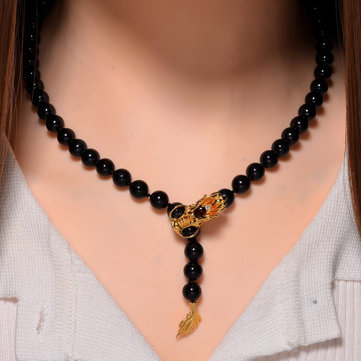 Black Jade (D) and Multi Gemstone 227.60 ctw Dragon Necklace in 18K Vermeil Yellow Gold Over Sterling Silver 18-20 Inches image number 1