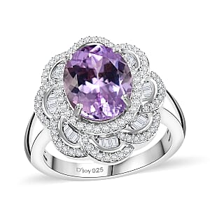 D'Joy Premium Martha Rocha Kunzite and Diamond 5.25 ctw Victorian Bloom Ring in Rhodium Over Sterling Silver (Size 6.0)