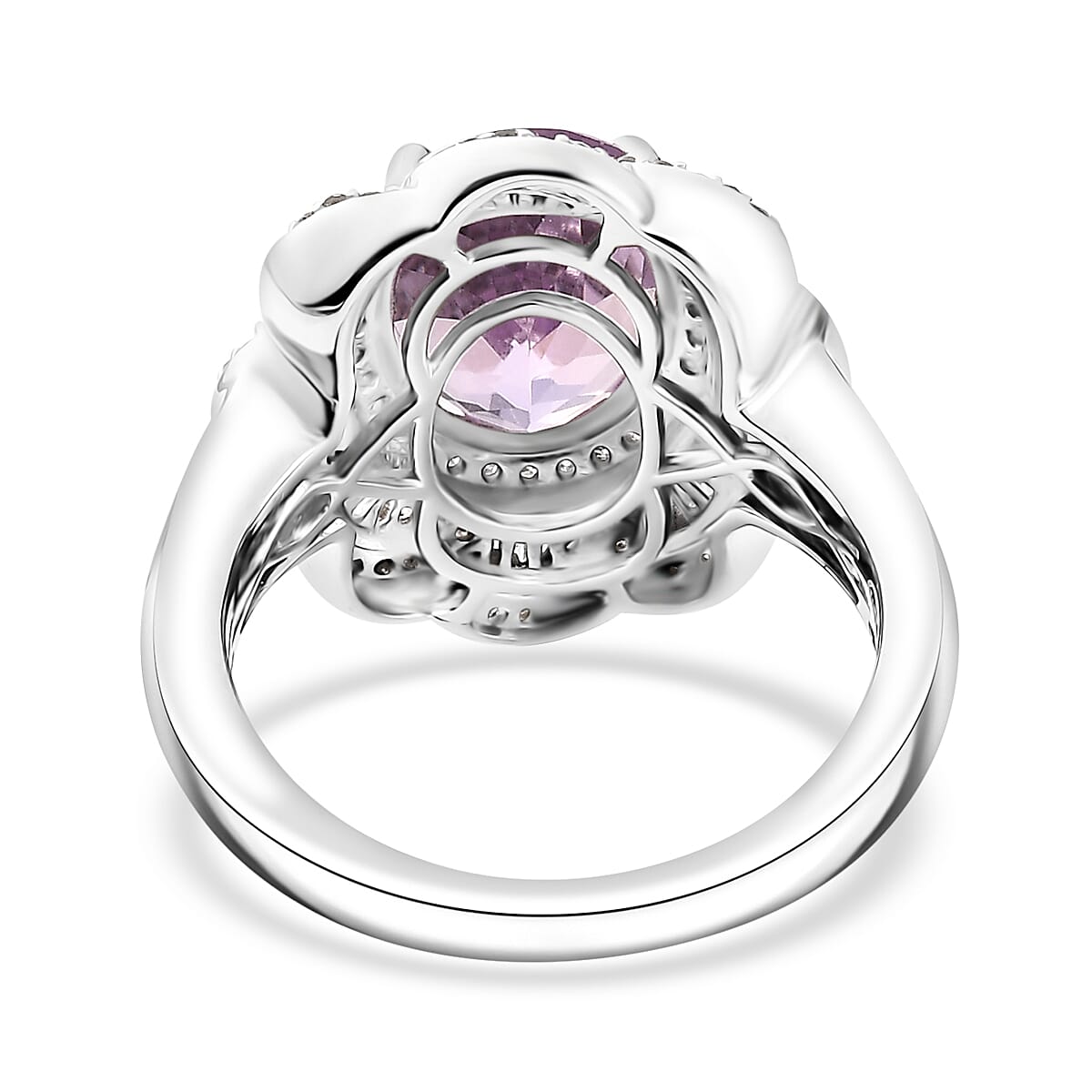D'Joy Premium Martha Rocha Kunzite and Diamond 5.25 ctw Victorian Bloom Ring in Rhodium Over Sterling Silver (Size 6.0) image number 4