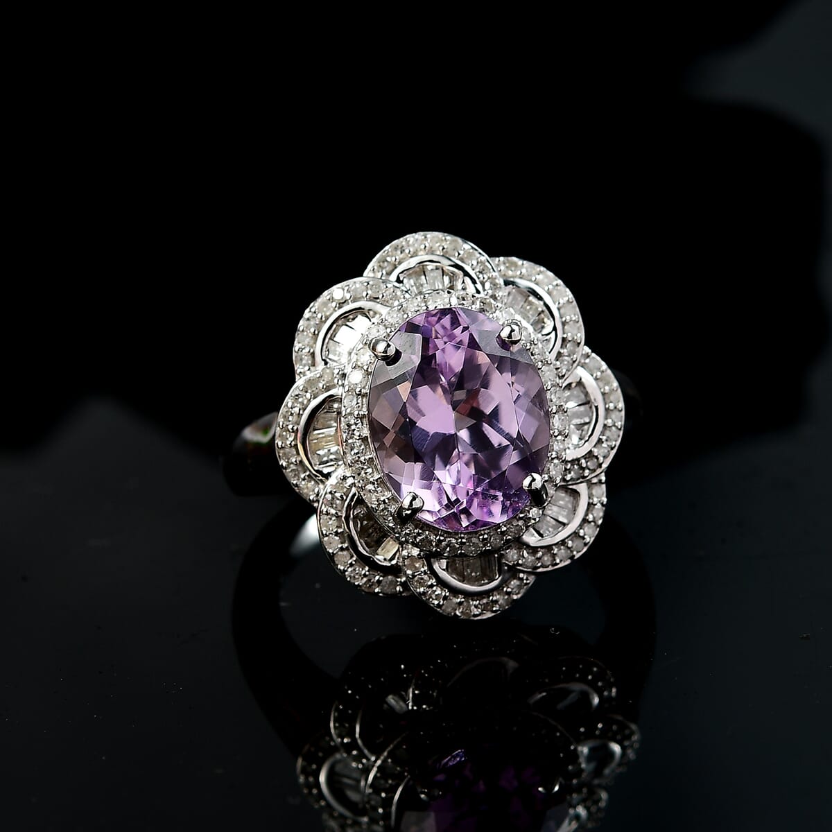 Premium Martha Rocha Kunzite and Diamond 5.25 ctw Victorian Bloom Ring in Rhodium Over Sterling Silver (Size 8.0) image number 1