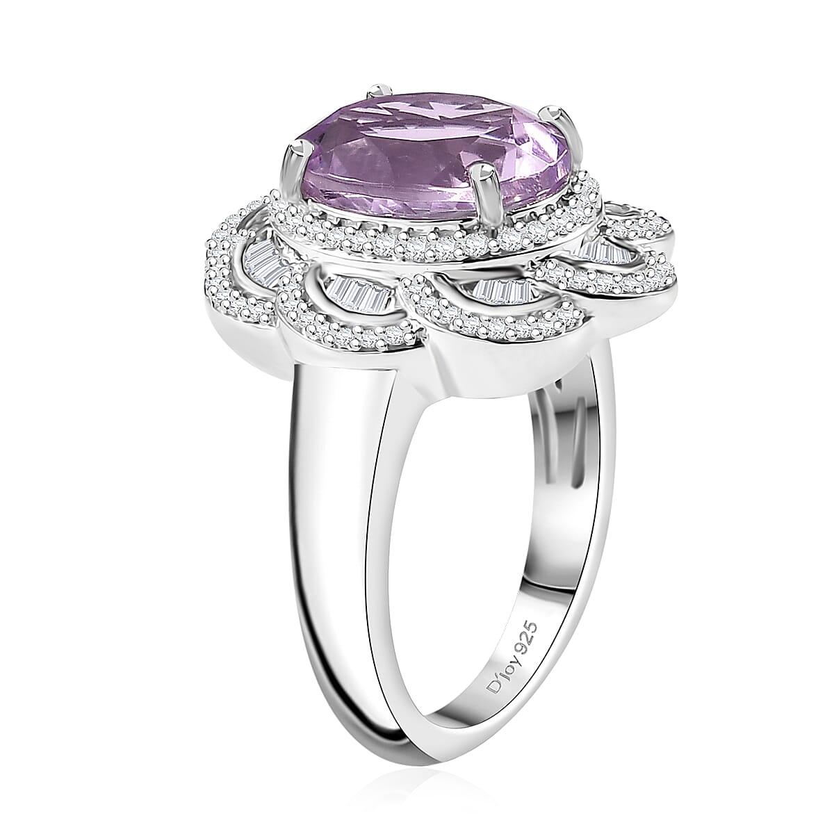D'Joy Premium Martha Rocha Kunzite and Diamond 5.25 ctw Victorian Bloom Ring in Rhodium Over Sterling Silver (Size 8.0)