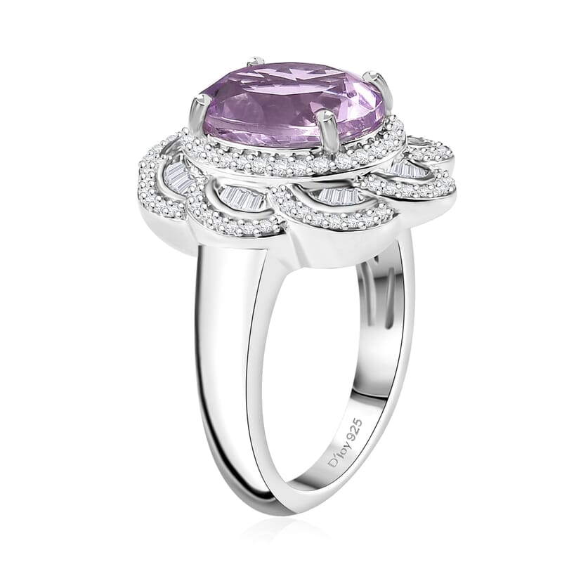 D'Joy Premium Martha Rocha Kunzite and Diamond 5.25 ctw Victorian Bloom Ring in Rhodium Over Sterling Silver (Size 8.0)