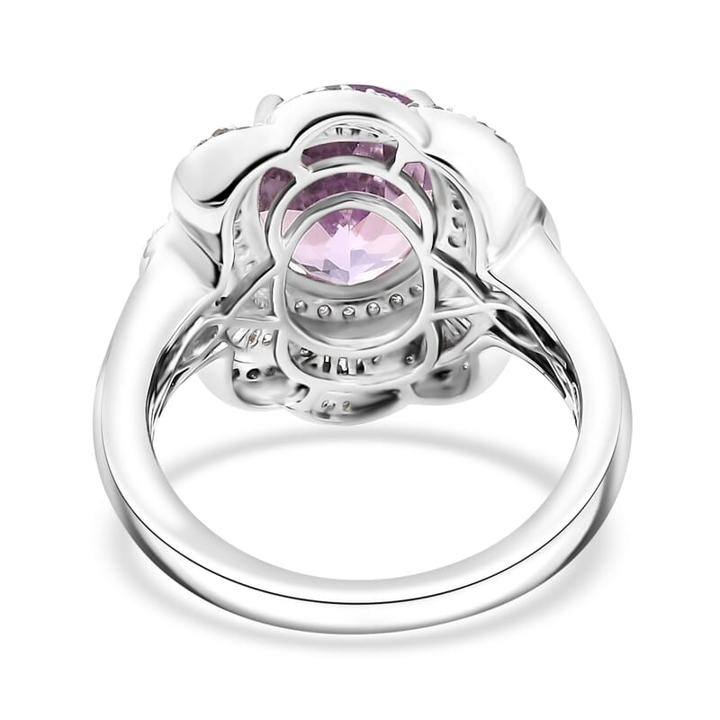 D'Joy Premium Martha Rocha Kunzite and Diamond 5.25 ctw Victorian Bloom Ring in Rhodium Over Sterling Silver (Size 8.0)