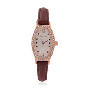 Strada Austrian Crystal Japanese Movement Watch with Dark Brown Faux Leather Strap