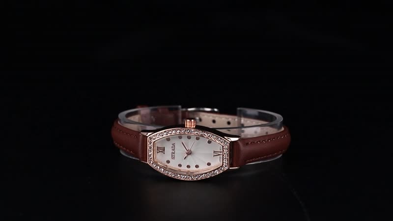 Strada Austrian Crystal Japanese Movement Watch with Dark Brown Faux Leather Strap