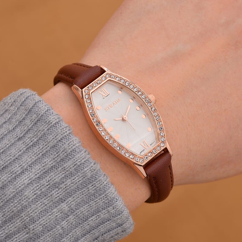 Strada Austrian Crystal Japanese Movement Watch with Dark Brown Faux Leather Strap