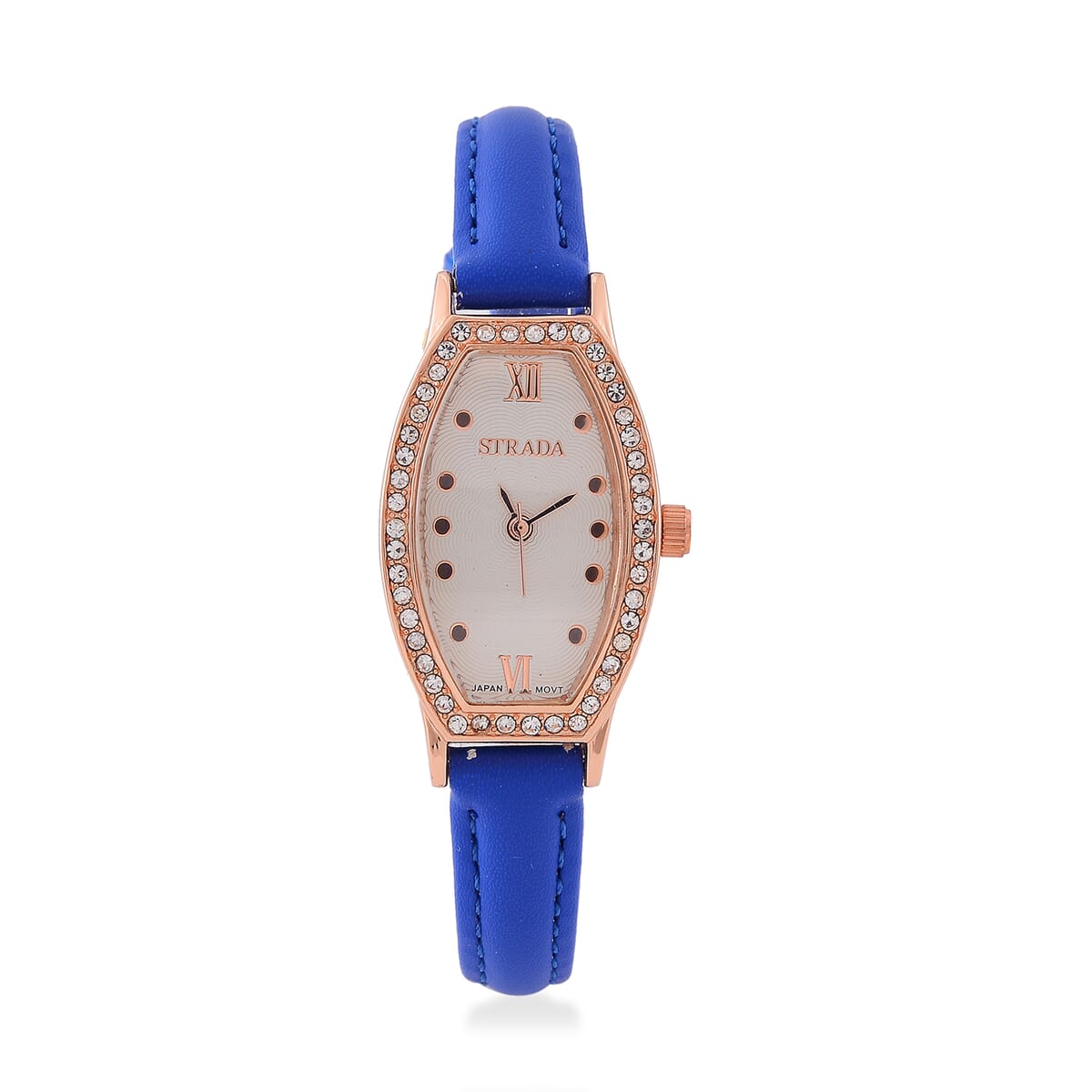 Strada Austrian Crystal Japanese Movement Watch with Dark Blue Faux Leather Strap image number 0