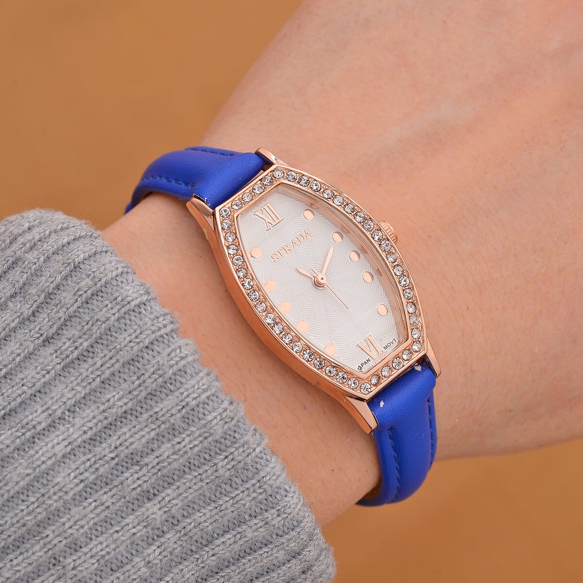 Strada Austrian Crystal Japanese Movement Watch with Dark Blue Faux Leather Strap image number 1