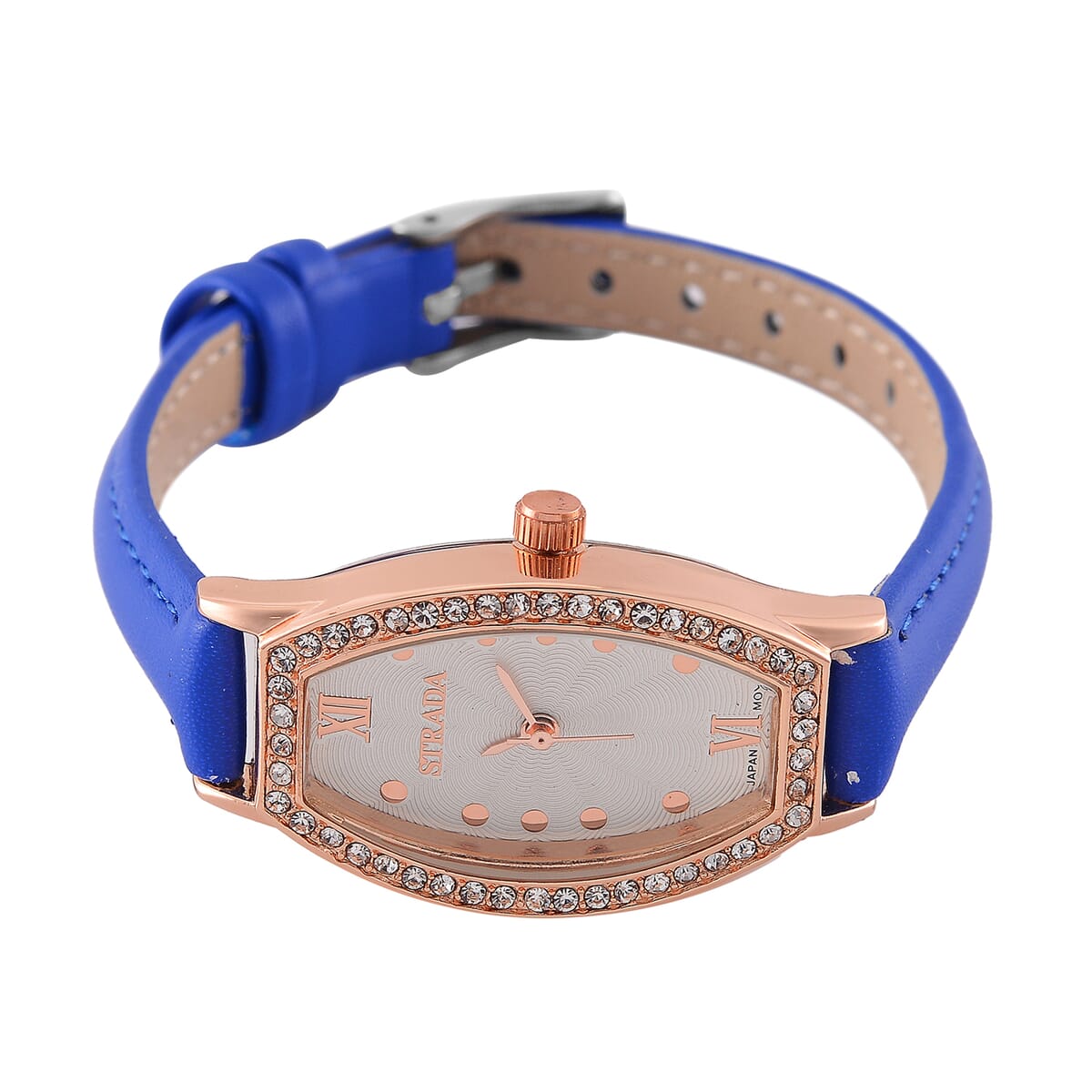 Strada Austrian Crystal Japanese Movement Watch with Dark Blue Faux Leather Strap image number 3