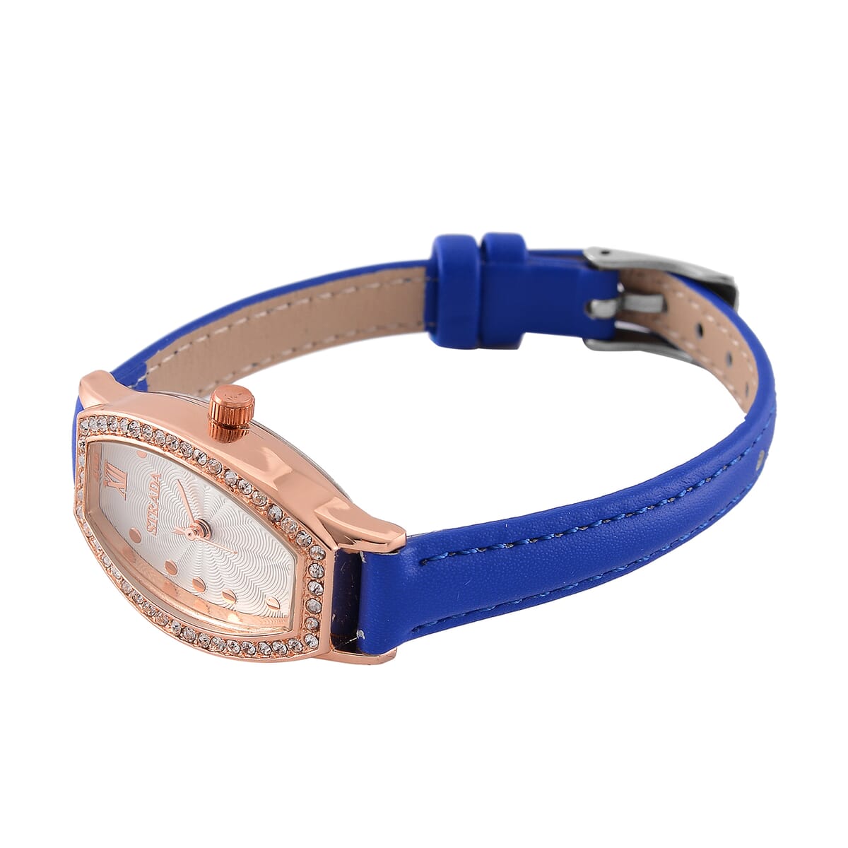 Strada Austrian Crystal Japanese Movement Watch with Dark Blue Faux Leather Strap image number 4
