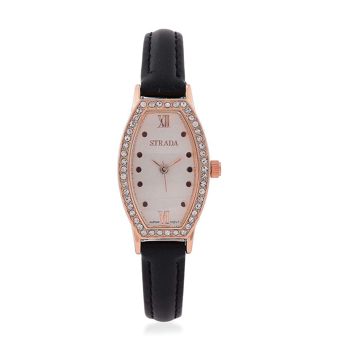 Strada Austrian Crystal Japanese Movement Watch with Black Faux Leather Strap image number 0