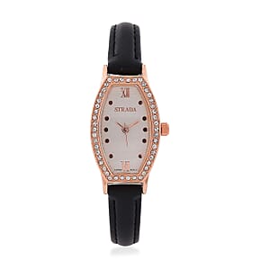 Strada Austrian Crystal Japanese Movement Watch with Black Faux Leather Strap