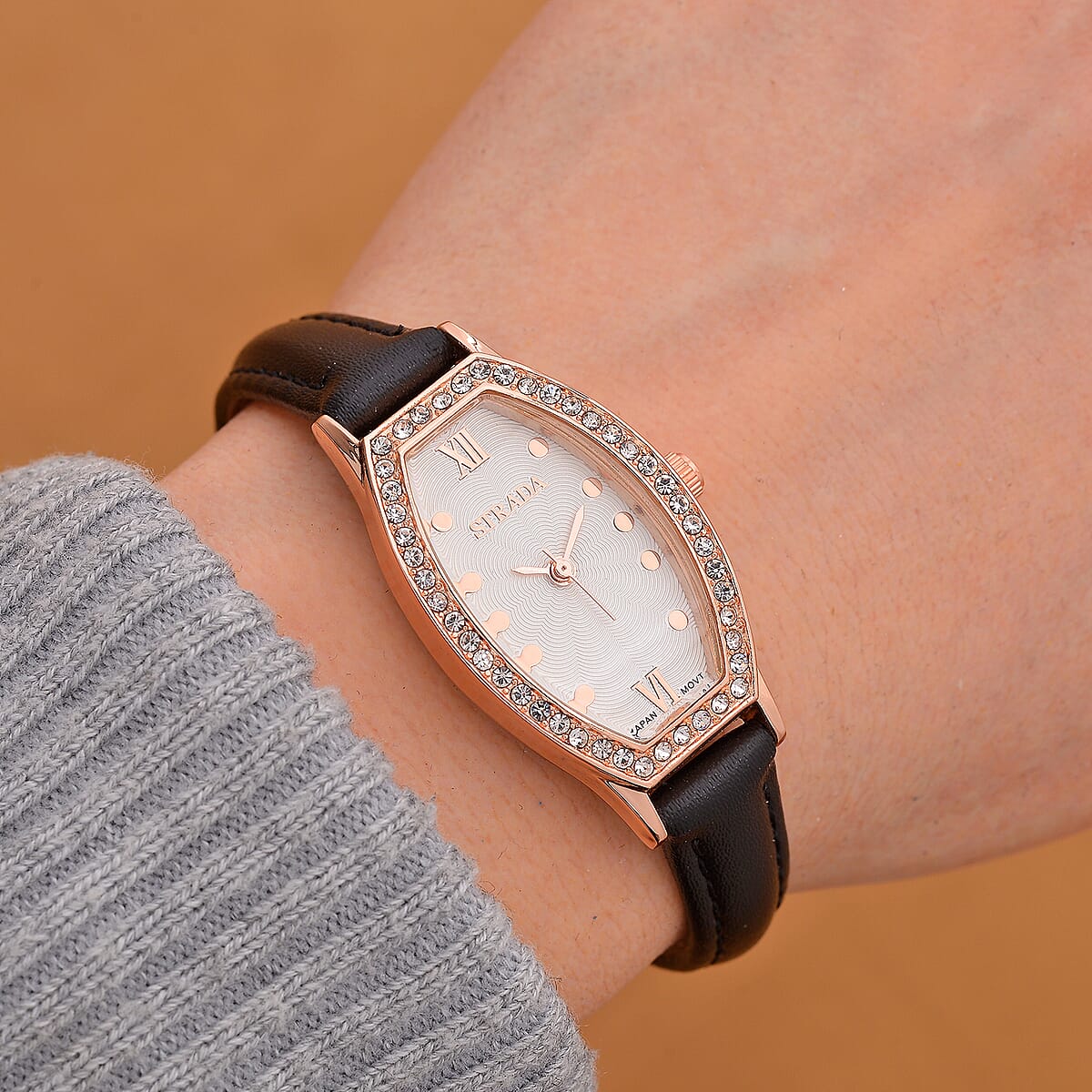 Strada Austrian Crystal Japanese Movement Watch with Black Faux Leather Strap image number 1