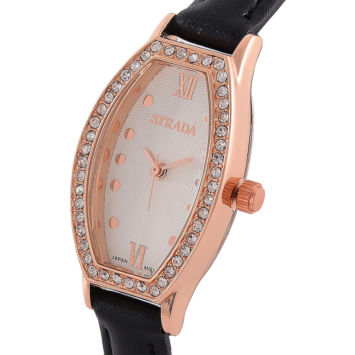 Strada Austrian Crystal Japanese Movement Watch with Black Faux Leather Strap image number 2