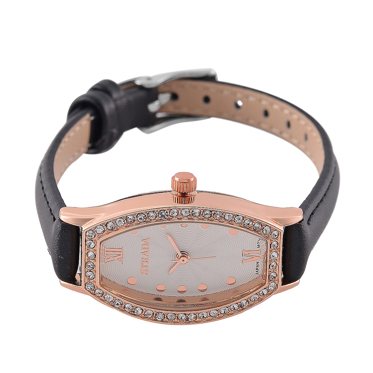 Strada Austrian Crystal Japanese Movement Watch with Black Faux Leather Strap image number 3