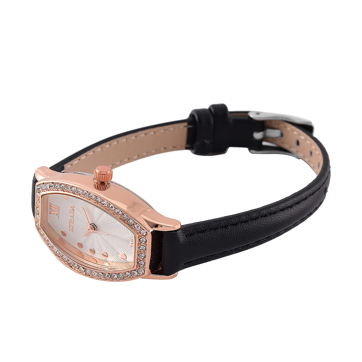 Strada Austrian Crystal Japanese Movement Watch with Black Faux Leather Strap image number 4
