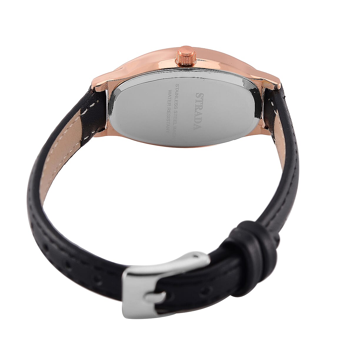 Strada Austrian Crystal Japanese Movement Watch with Black Faux Leather Strap image number 5