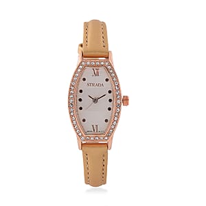 Strada Austrian Crystal Japanese Movement Watch with Dark Gold Faux Leather Strap