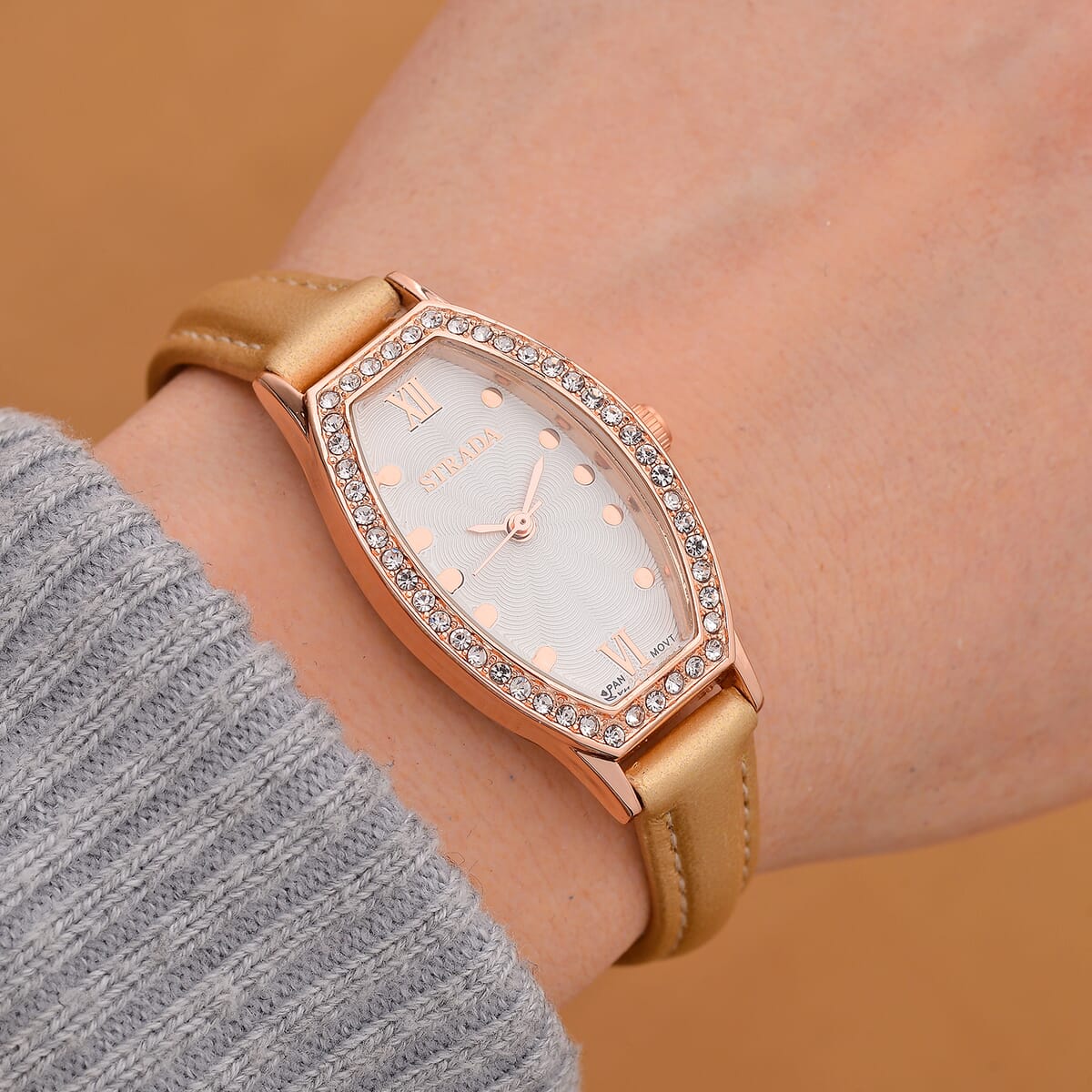 Strada Austrian Crystal Japanese Movement Watch with Dark Gold Faux Leather Strap image number 1