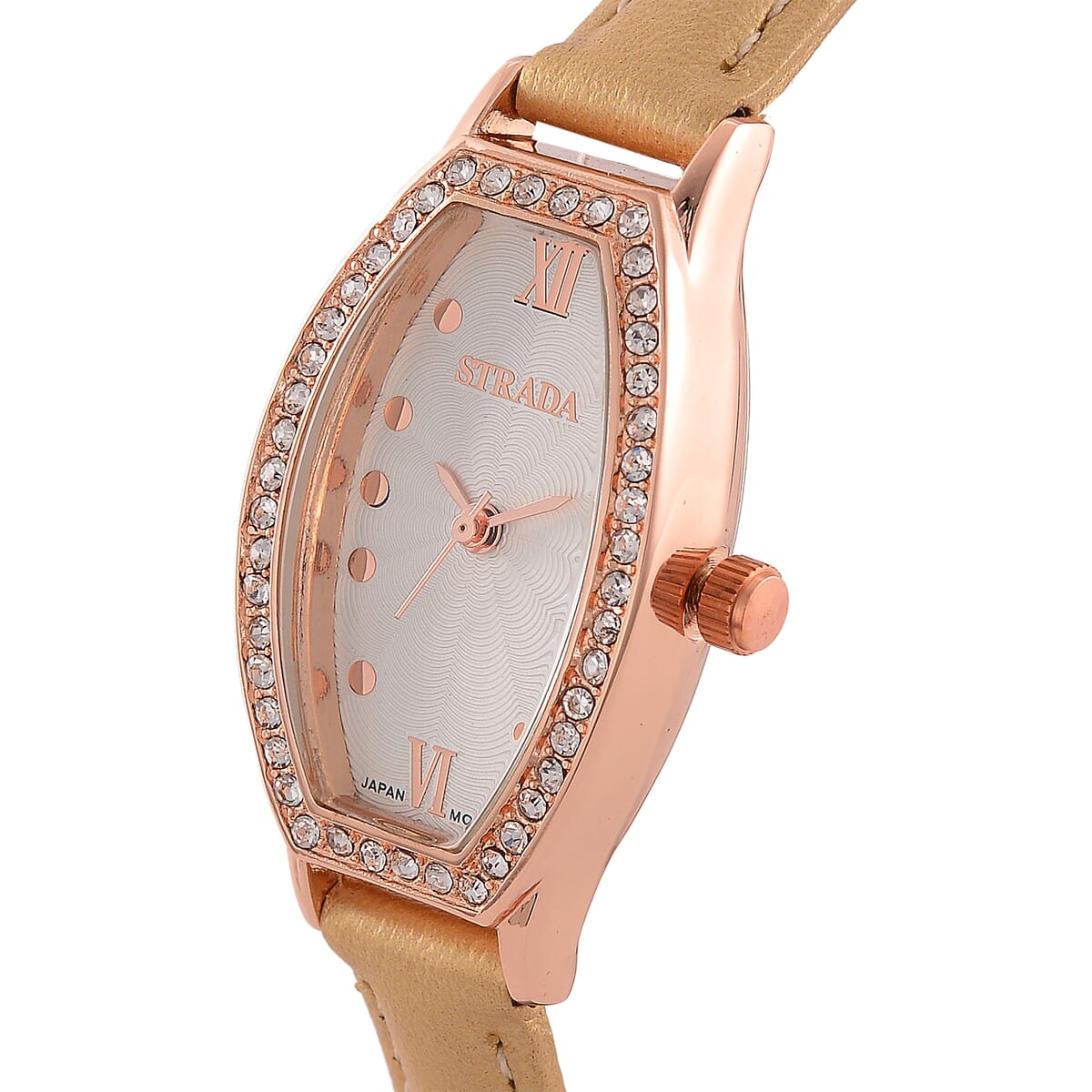 Strada Austrian Crystal Japanese Movement Watch with Dark Gold Faux Leather Strap image number 2