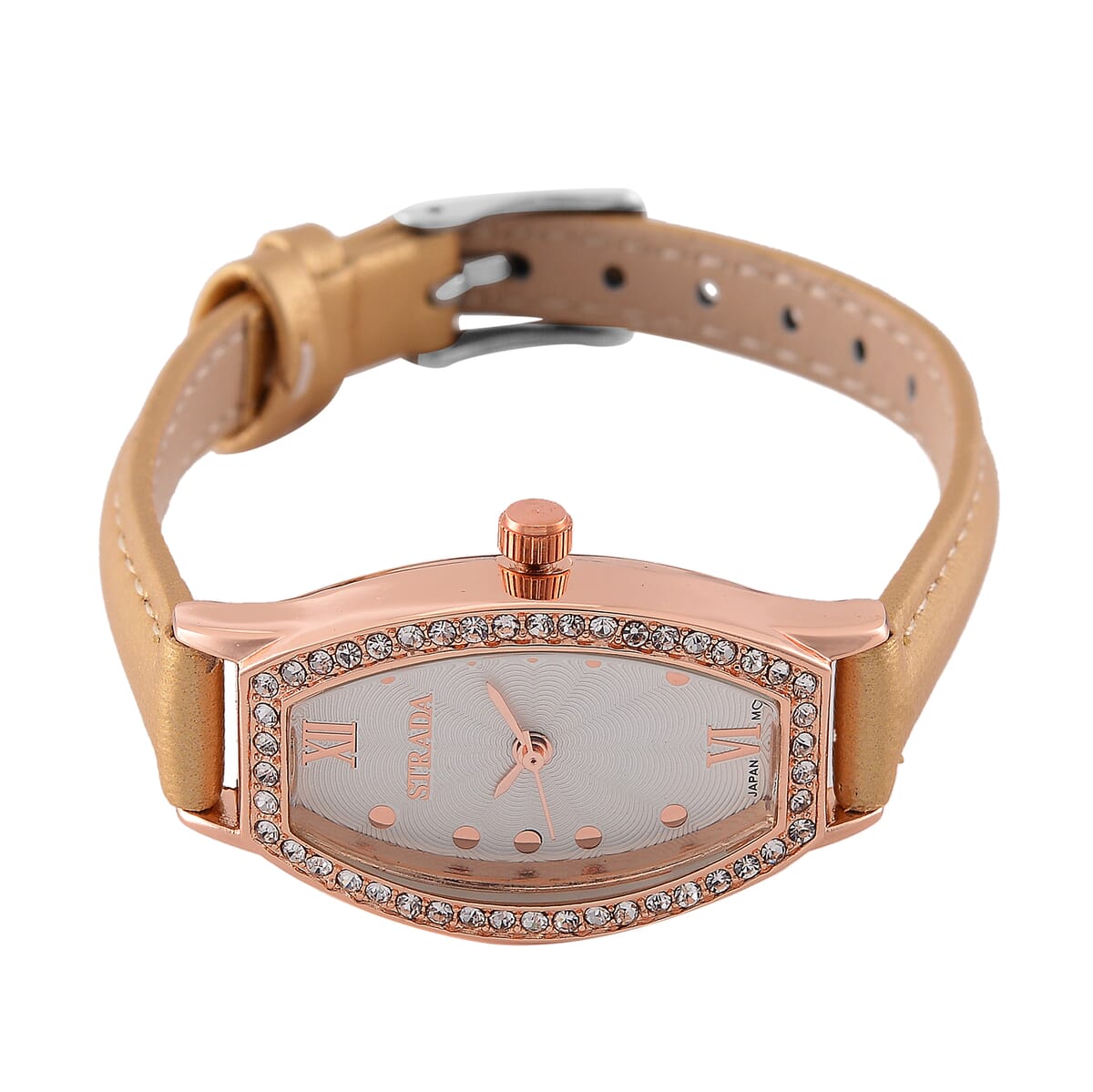 Strada Austrian Crystal Japanese Movement Watch with Dark Gold Faux Leather Strap image number 3