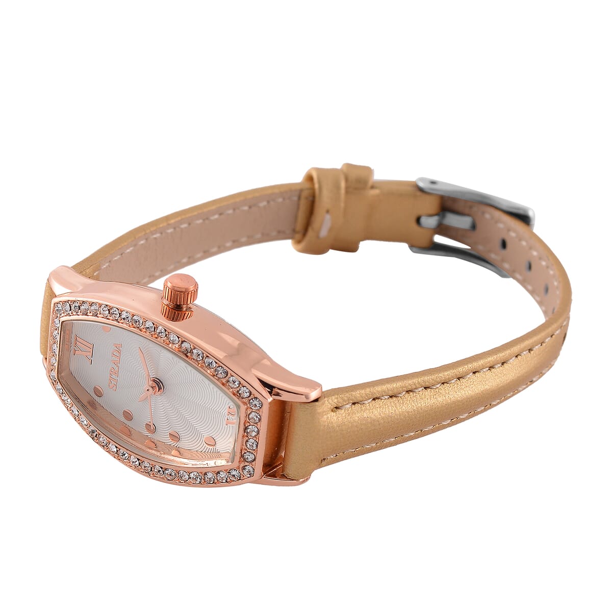 Strada Austrian Crystal Japanese Movement Watch with Dark Gold Faux Leather Strap image number 4