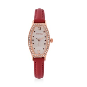 Strada Austrian Crystal Japanese Movement Watch with Wine Red Faux Leather Strap