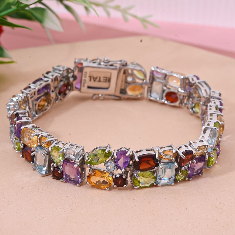Multi Gemstone 32.50 ctw Bracelet in Rhodium Over Sterling Silver (6.50 In)