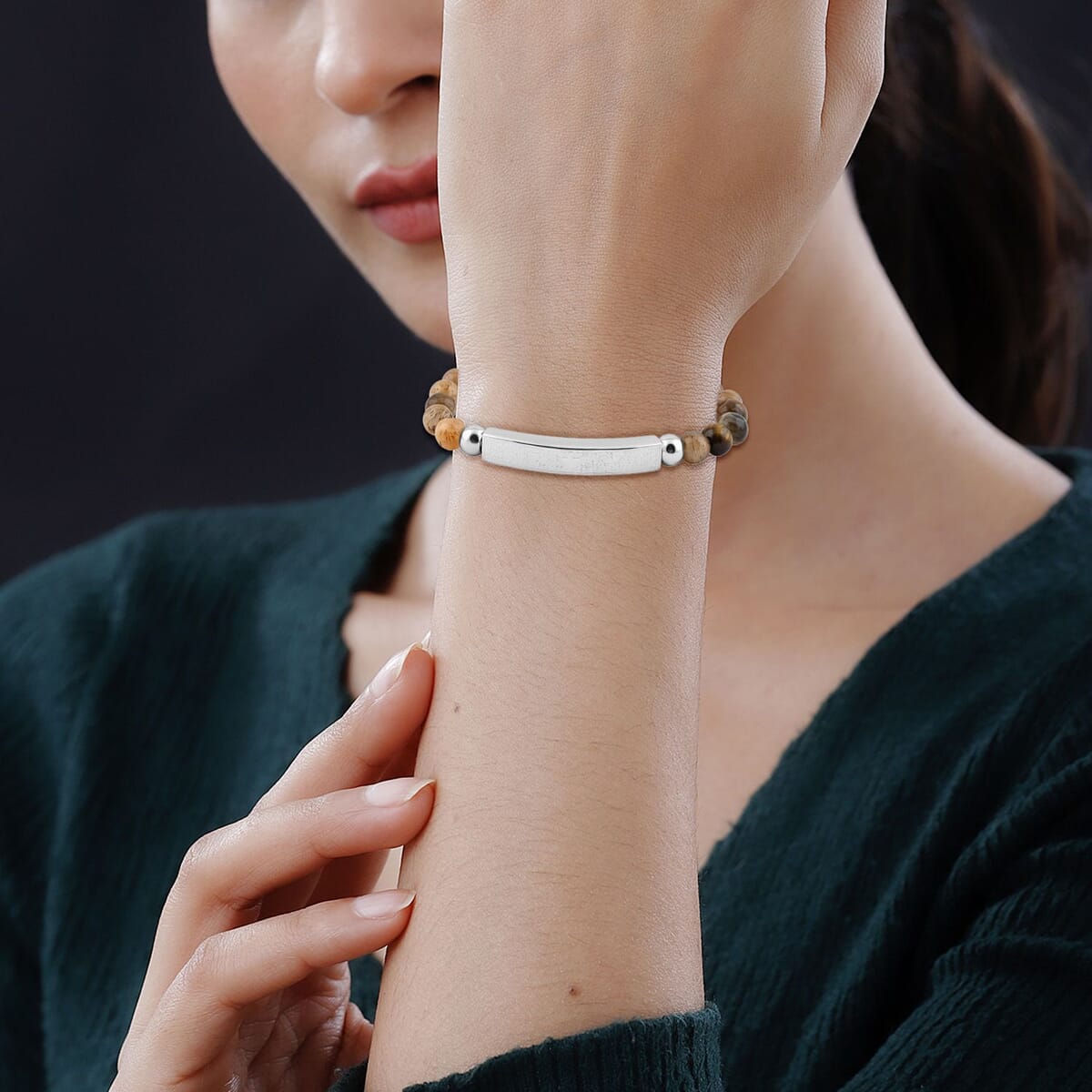 Tigers Eye 40.00 ctw Beaded Adjustable Bracelet in Stainless Steel image number 2