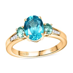 10K Yellow Gold  AA   Blue Apatite ,  Colombian Emerald ,  White Diamond  I2 Solitaire Ring ,  Gold Wt. 3.5 g 2.51 ctw