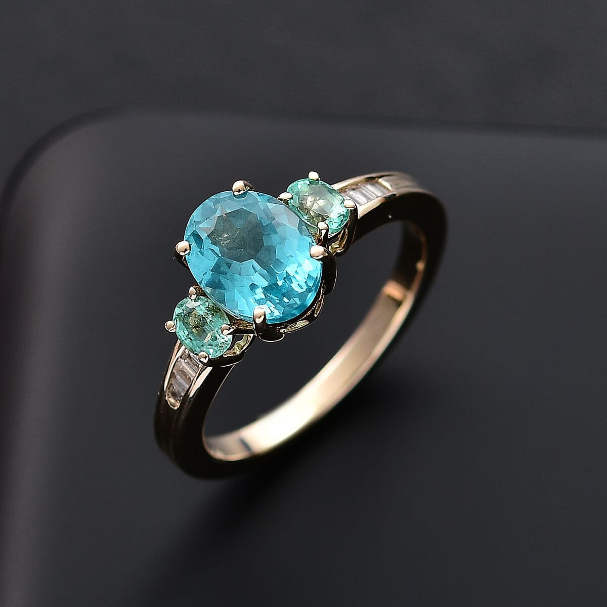 Luxoro Premium Blue Apatite, Boyaca Colombian Emerald and Diamond I2 2.65 ctw Ring in 10K Yellow Gold (Size 8.0) image number 1