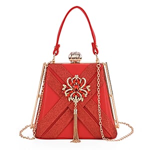 Red Radiant Tassel Brooch Crystal Clutch Bag with Shoulder Chain Strap