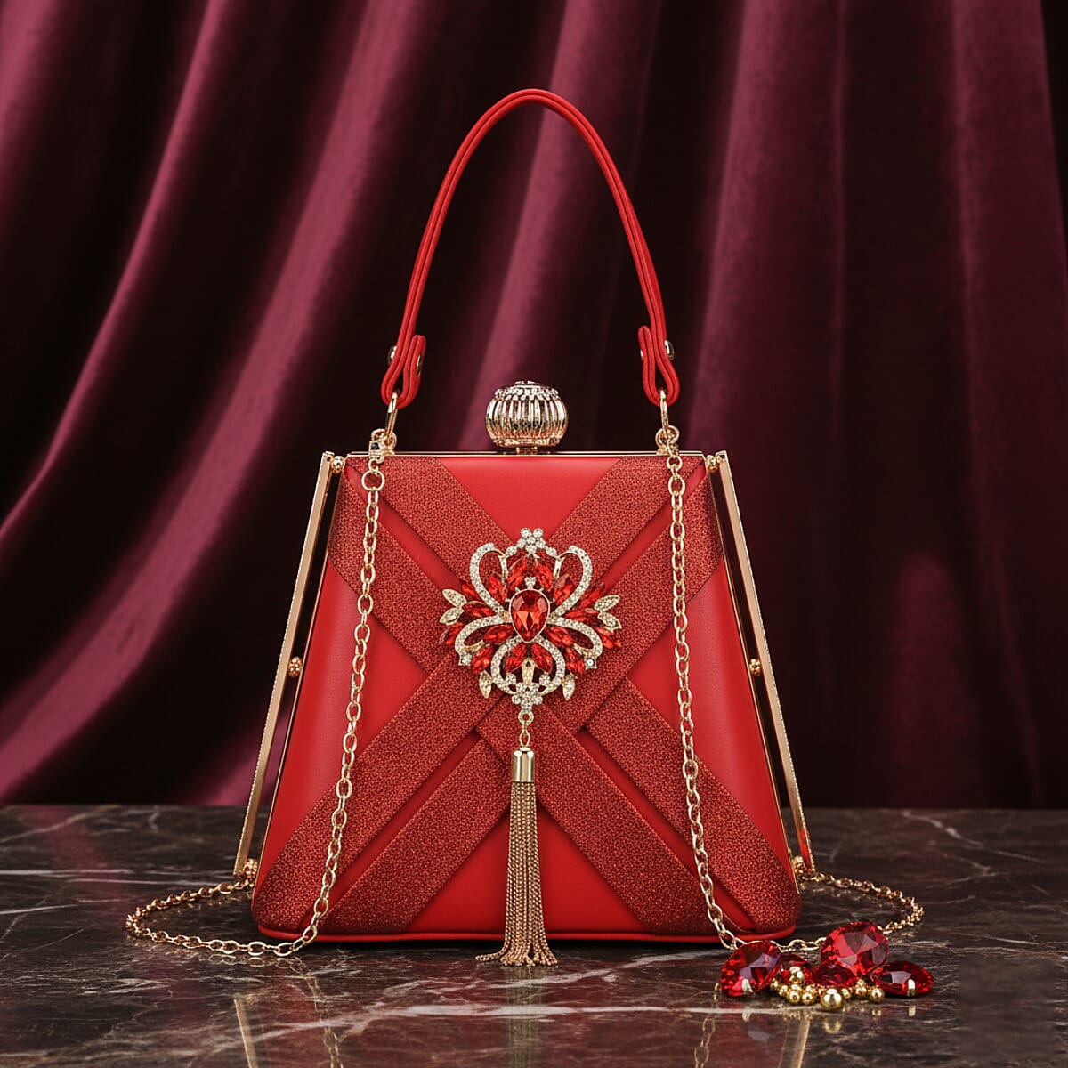 Red Radiant Tassel Brooch Crystal Clutch Bag with Shoulder Chain Strap image number 1